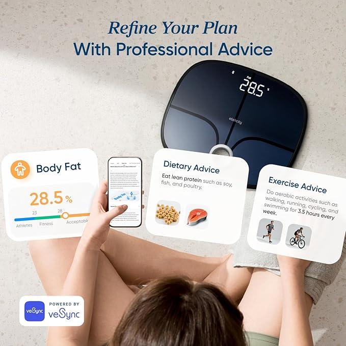 Etekcity Smart Rechargeable Scale for Body Weight BMI Fat Muscle Mass Digital Bathroom Scale with 13 Metrics Secret Mode Bluetooth Connect to Free Apps Stealth Black