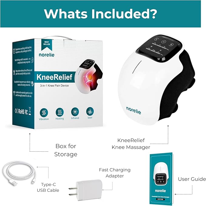 Norelie KneeRelief 3-in-1 Knee Massager Cordless with Heat Vibration and Red Light Therapy Adjustable Settings for Comfort and Mobility