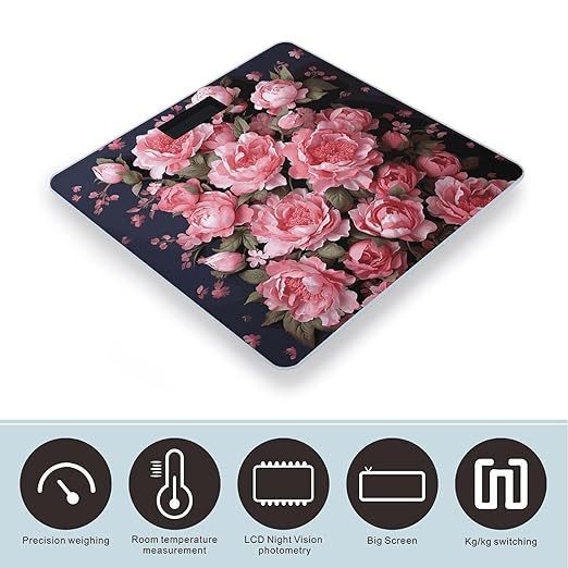 Peony Flowers Scale for Body Weight Anti-Slip Digital Bathroom Scale Sturdy Toughened Glass Weighing Scales High Precision Safe Rounded Corners Smart Scales