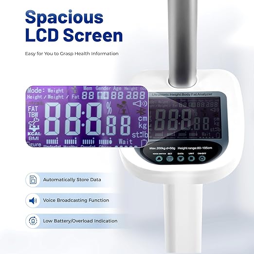 Professional Digital Physicians Scale 440Lbs Multifunction Physician Medical Body Weight Scale Ultrasonic Height and Weight Scale for Fat Water Muscle Bone Calories BMI LCD Display