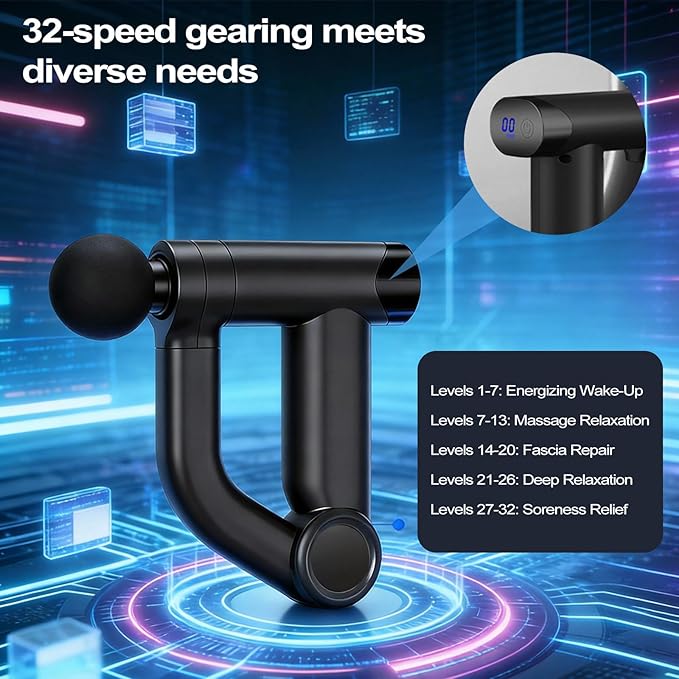 Foldable Massage Gun with Upgraded Extension Handle 32 Speeds Massage Gun Deep Tissue - Back Massager for Pain Relief Deep Tissue Muscles/Neck/Shoulders/Waist/Legs Massager