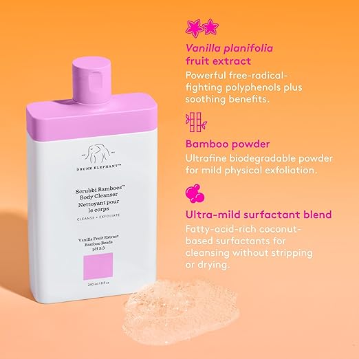 Drunk Elephant Scrubbi Bamboes Body Cleanser - 240 ml/8 fl oz - Sulfate-Free Body Scrub Wash - Clean Clinical Skincare - Cruelty-Free - Dermatologist Tested - Free of Essential Oils Silicones SLS