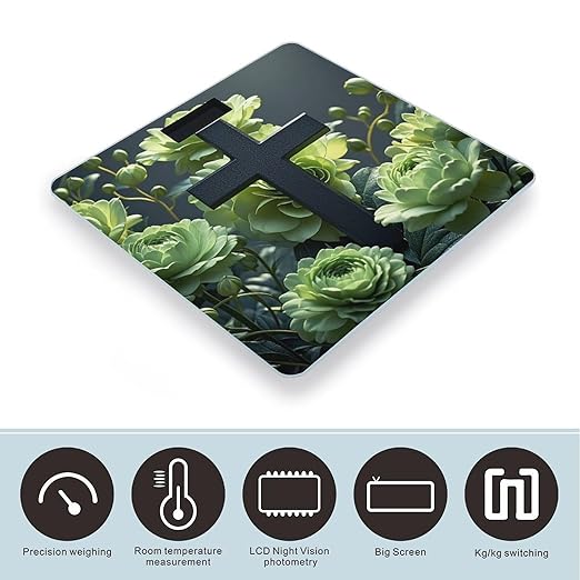 Black Cross Among Green Flowers Bathroom Scale for Body Weight Bathroom Weighing Scales with Back Lit LED Display Sturdy Tempered Glass Body Weight Bathroom Scale 400lb Weighing