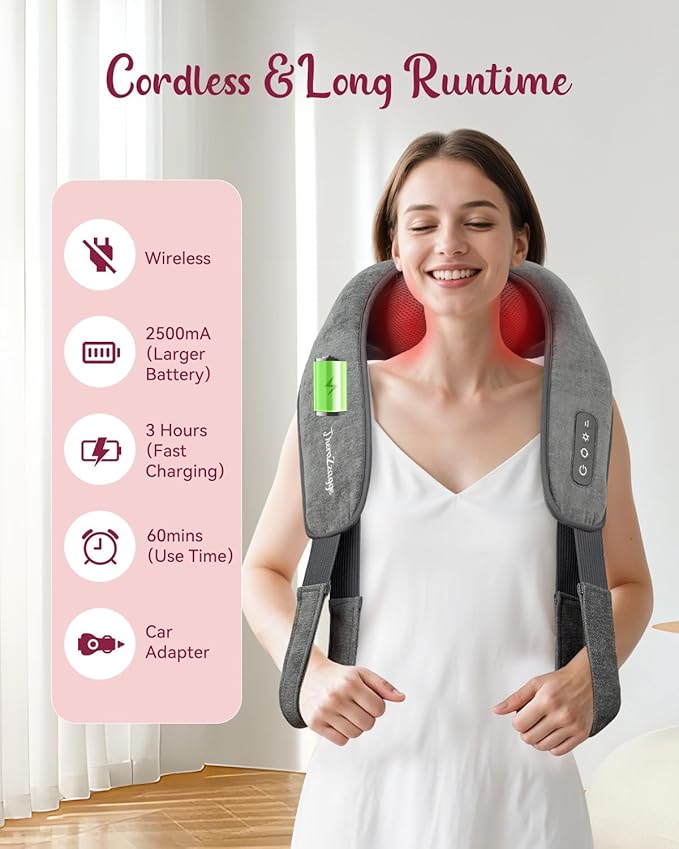 Cordless Neck Massager for Pain Relief Deep Tissue Kneading Shiatsu Neck and Shoulder Massager with HeatCordless Massager for Back and Shoulder Pain Gifts for Women Men Home Office Christmas