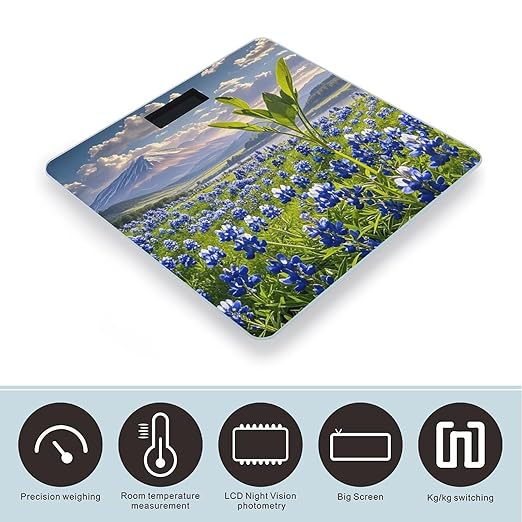 Bluebonnets Scenery Scale for Body Weight Accurate Digital Bathroom Scale Toughened Glass High Precision Scales Smart Weight Scales with Large LCD Backlight Display Weighing Machine