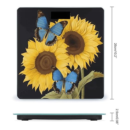 Yellow Sunflowers with Blue Butterflies Bathroom Scale for Body Weight Bathroom Weighing Scale with Backlit LCD Display Highly Accurate Measures Weight Up to 180kg