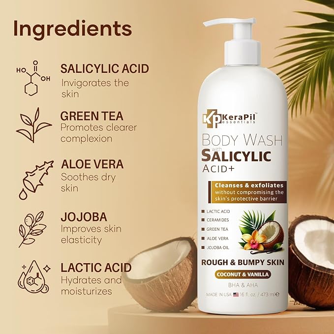 Exfoliating Body Wash with Salicylic Acid - No Dry Out Gentle Exfoliates Rough and Bumpy Skin Body Acne Wash BHA &amp AHA - Coconut and Vanilla Salicylic Acid Body Wash - (16 fl oz x 2)