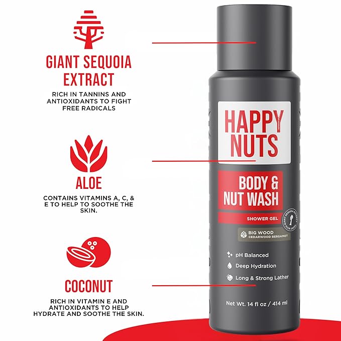 Happy Nuts Comfort Cream Powder and Body Wash Bundle - Anti-Chafing Sweat Defense and Men's Shower Gel Body Wash