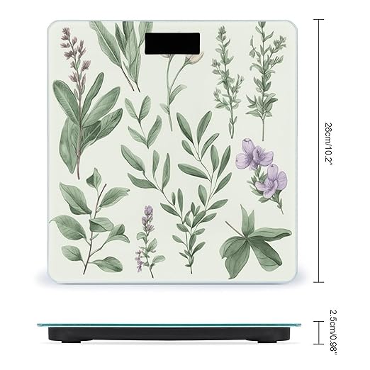 Green Flower Herb Sage Leaves and Branches Scale for Body Weight High Precision Digital Weight Scales with LCD Display Anti-Slip Sturdy Slim Tempered Glass Bathroom Scale for Home Use