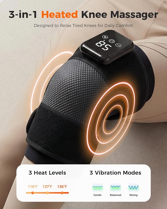 3-in-1 Knee Massager for Pain Relief with Heat Portable Heated Knee Brace with Extension Strap for Knee Elbow &amp Shoulder Cordless Rechargeable Electric Massagers for Joint Comfort (Single)