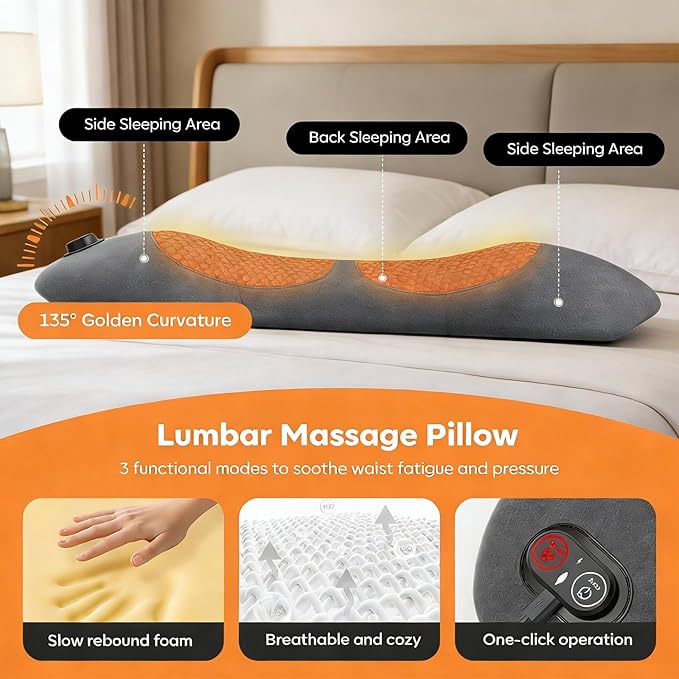 3-Mode Back Massager with Heat Vibration &amp Traction Lumbar Pillow - Relieve Lower Back &amp Sciatica Pain for Home Office &amp Car