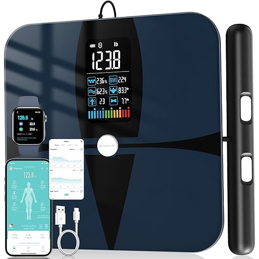 Lepulse Body Composition Scale 8 Electrode Bathroom Smart Scale with BMI Body Fat Muscle Mass Scale for Body Weight and Fat with 20 Body Fat Scale Large Color Display and Report (Black)