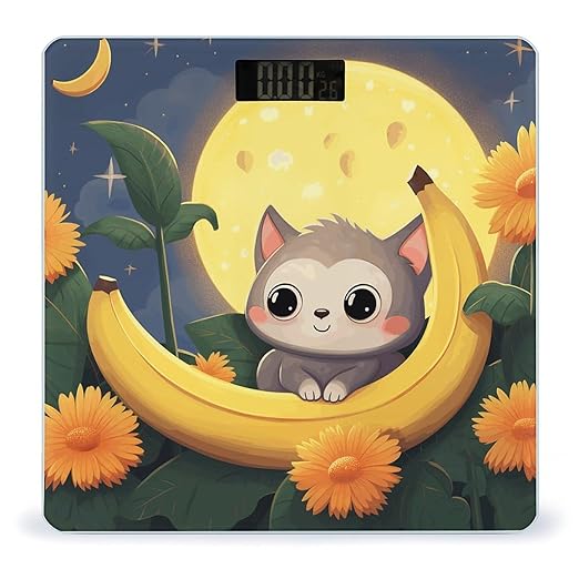 Banana Cat Print Scale for Body Weight Anti-Slip Sturdy Tempered Glass Weighing Machine Highly Digital Accurate Bright LCD Bathroom Scale for Household Gift