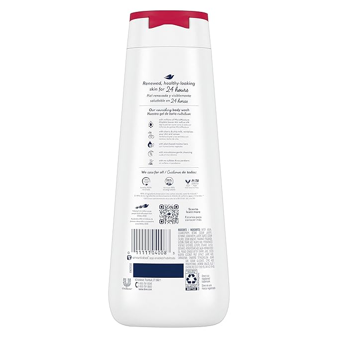 Dove Body Wash Revitalizante Cherry &amp Chia Milk 4 Count for Renewed Healthy-Looking Skin Gentle Skin Cleanser with 24hr Renewing MicroMoisture 20 oz