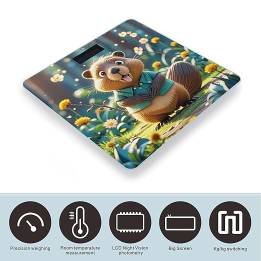 Cartoon Animated Beaver Bathroom Scale Automatic Power On/Off Body Scales LCD Backlight Display Square Digital Scale Rounded Corners Bathroom Scales for Home Bedrooms
