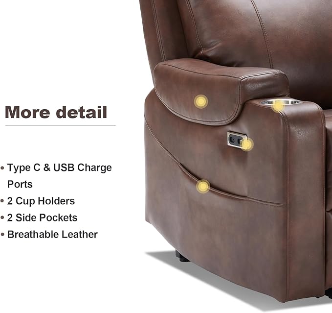 Triple Motor Power Lift Recliner Chair with Adjustable Lumbar Support Lay Flat Recliner for Elderly Breathable Brown Leather Recliner Lift Chair Massage &amp Heating USB Ports Cup Holders