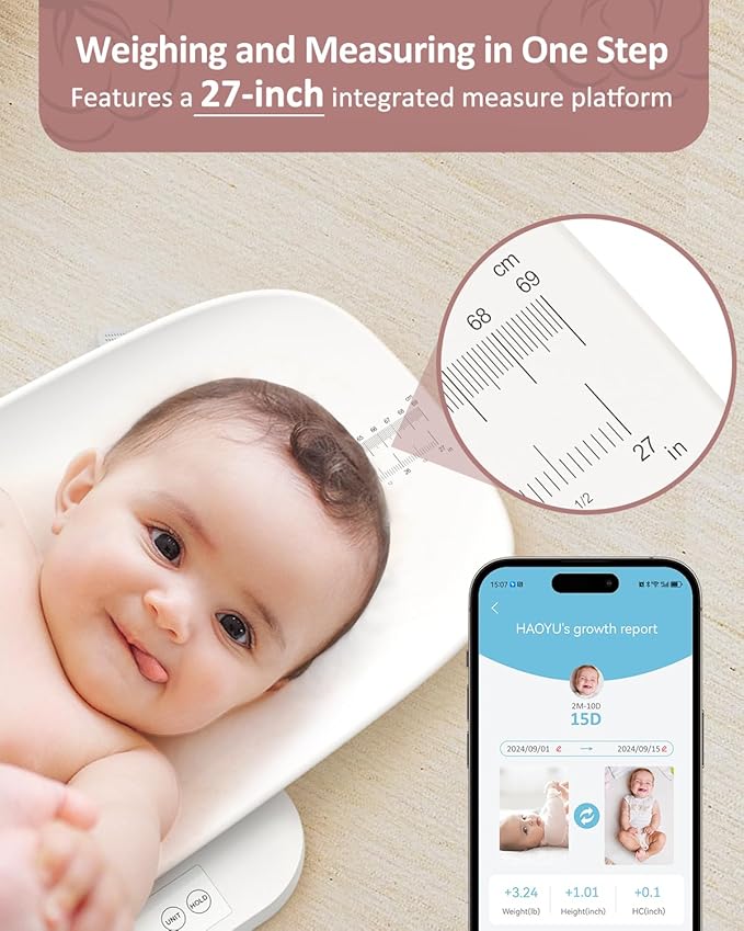 GROWNSY Smart Baby/Pet ScaleDigital Baby Weight Scale with App for Tracking Growth of Infant ToddlerPuppyand Cat—Supports Up to 330 lbs with Hold Function 27-inch Height Measurement5 Units
