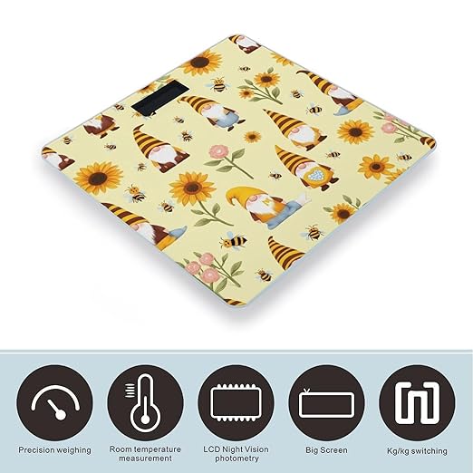 Digital Bathroom Weighing Scale Energy Saving Scale Smart Scale for Body Weight Honey Bees Cute Gnome Sunflower Floral