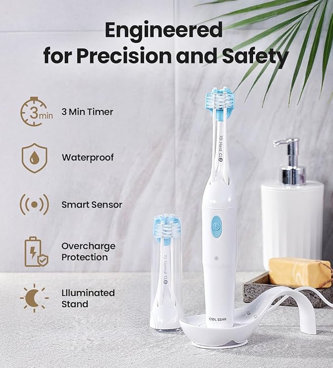 Korean Dual-Action Toothbrush Set - Premium Soft Bristle 3 Head Silver Handle for Deep Cleaning Teeth &amp Gums