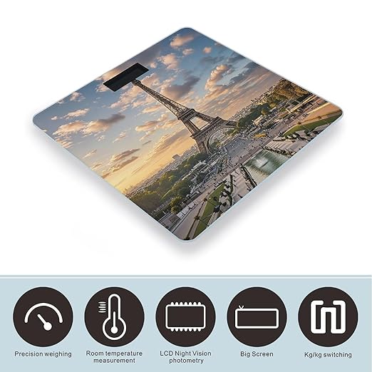 French Paris Tour Eiffel Tower Bathroom Scale for Body Weight with High Precision Large LCD Backlight Display Digital Weighing Scale with BMI Capacity Up to 180kg