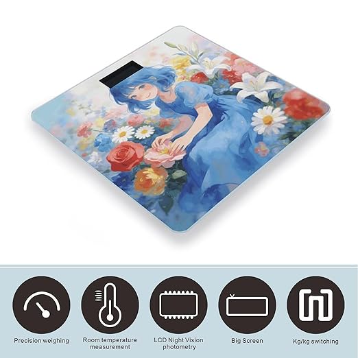 Blue Girl and Flowers Weight ScaleClear LED Display Bathroom Digital Weighing ScaleTempered Glass Digital Bathroom Scale for Body Weight Capacity Up to 400 Lbs
