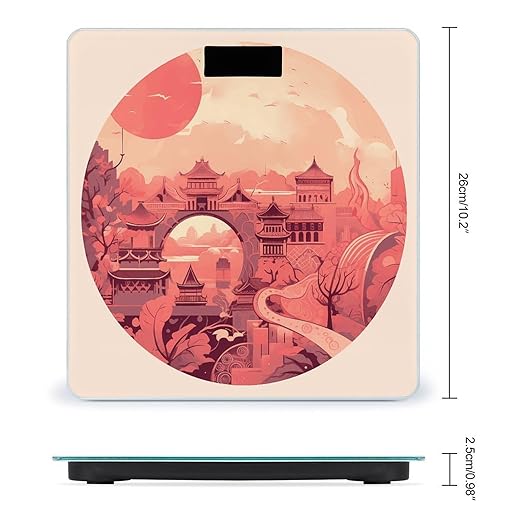 Chinese Architectural Patterns Bathroom Scale Automatic Power On/Off Body Scales LCD Backlight Display Square Digital Scale Rounded Corners Bathroom Scales for Home Bedrooms