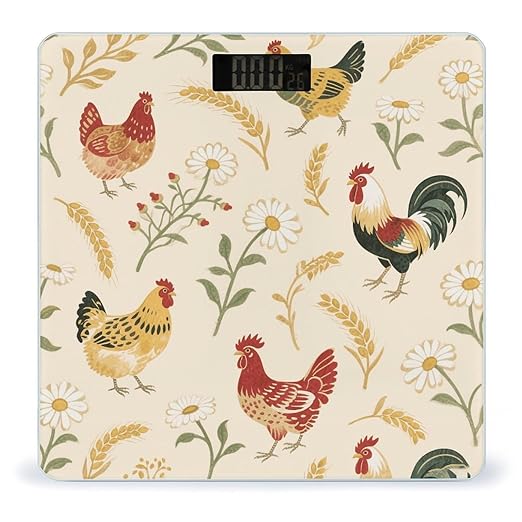 Chicken and Rooster Print Scale for Body Weight Sturdy Tempered Glass Weighing Scales with LCD Display Accurate Digital Bathroom Scale Convenient Body Fat Smart Scales Easy Read