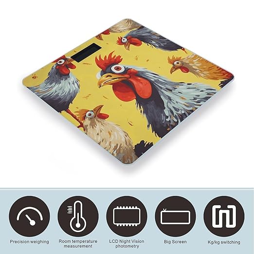 Art Chicken Painting Scale for Body Weight Safe Rounded Corners Tempered Glass Digital Bathroom Scale LED Display 400lb Capacity Weight Scales with High Precision Sensors