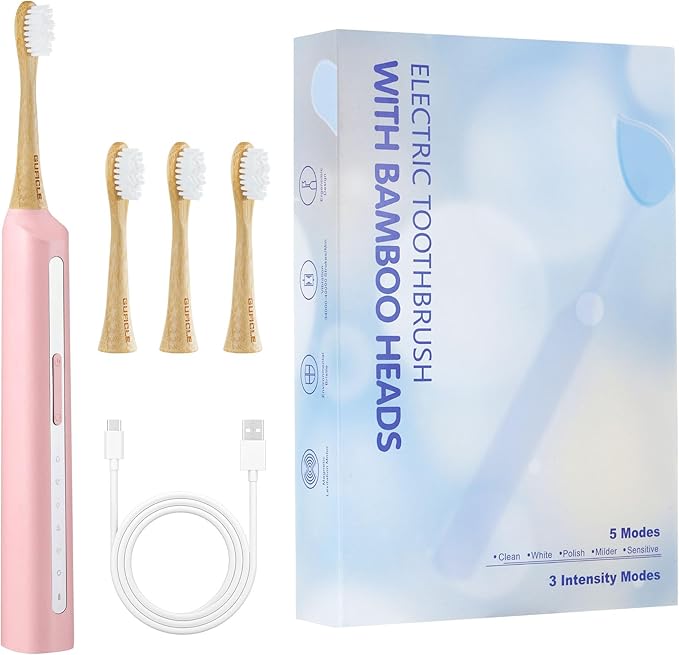 Bamboo Electric Toothbrush丨Rechargeable Electric Toothbrush with 4 Bamboo Heads Soft Castor Oil Bristles5 Moedes&amp3 Intensities 45 Days Battery Life IPX7 Waterproof-Pink