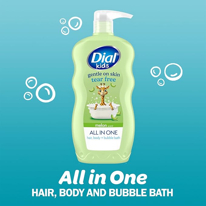 Dial Kids All-in-1 Body Wash + Hair + Bubble Bath Melon Scent 24 Fl Oz Pack of 4 Hypoallergenic Body Wash &amp Shampoo No Tears Formula for Kids 2+ Years No Parabens &amp Silicones