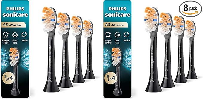 Philips Sonicare A3 All-in-One - Genuine Replacement Electric Toothbrush HeadsBlack One Year SupplyHX9094/95(Pack of 8)