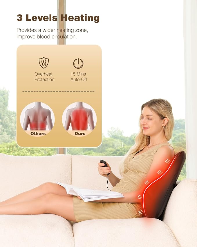 KINGJOY Back Massager for Pain Relief Deep Tissue Full Back Massager with Heat 3D Kneading Massage Pillow with 3 Intensities for Back Neck Shoulder Spot Massage Gifts for Women Man