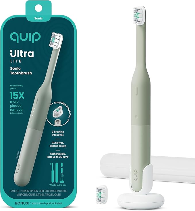 Quip Ultra Lite Sonic Electric Toothbrush Slim Lightweight Design 3 Brushing Modes 15X More Plaque Removal Pressure Sensor &amp 30-Day Battery Meadow