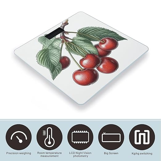 Cherry on Branch Scale for Body Weight Anti-Slip Tempered Glass Digital Bathroom Scales Clear LCD Display Weighing Scale Safe Rounded Corners Smart Scales