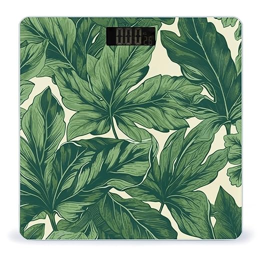 Green Foliage Botanical Scale for Body Weight Anti-Slip Tempered Glass Digital Bathroom Scales Clear LCD Display Weighing Scale Safe Rounded Corners Smart Scales
