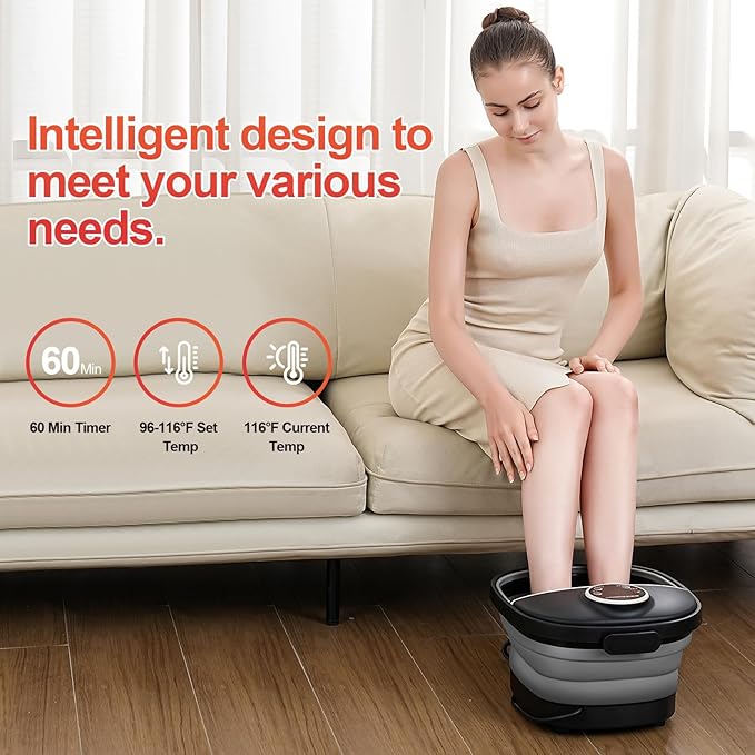 Collapsible Foot Spa Bath with HeatFoot Massager with Two Side SupportsLeakage ProtectorTemperature ControlBubblesRed LightTimerFeet Spa TubFeet SoakerGifts (Black)