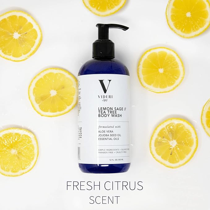 Sulfate Free Body Wash for Sensitive Skin Lemon Sage &amp Tea Tree Body Wash - Essential Oils Aloe Vera &amp Jojoba - Antioxidant Rich Gentle on Skin &amp Fresh Citrus Scent - Large 12 fl oz