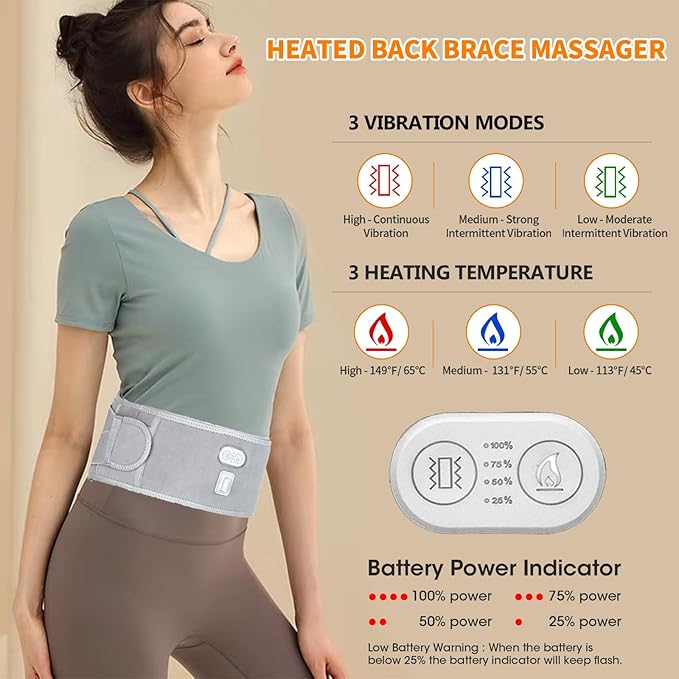 CUEHEAT Heated Waist Belt - Cordless Heating Pad for Lower Back Pain ReliefFSA Eligible HSA Electrical Heating and Massage Rechargeable Battery Powered (Gray Waistline 29-57 inch)