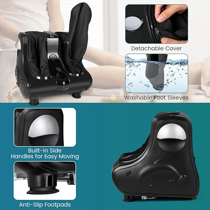 RELAX4LIFE Foot and Calf Massager Shiatsu Foot Massager Machine w/Heating Kneading Vibration Rolling Adjustable Speed &amp Tilt Base Leg Massager for Pain Relief (Black)