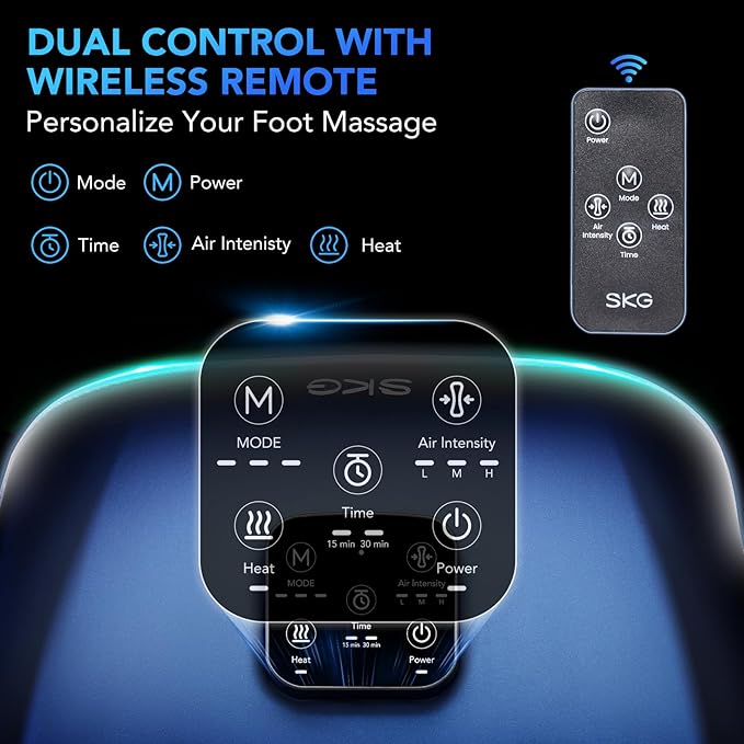 SKG YS100 Shiatsu Foot Massager with Heat and Remote Feet Massager with 3 Air Compression Modes for Plantar Fasciitis and Neuropathy Fits up to Size 13 for Men Women