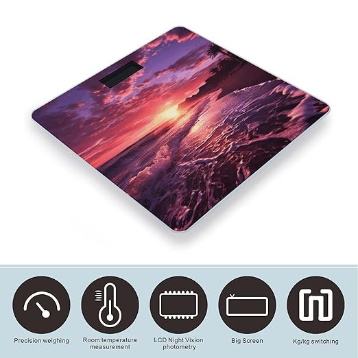 Pink Beach Sunset Scale for Body Weight Anti-Slip Tempered Glass Digital Bathroom Scales Clear LCD Display Weighing Scale Safe Rounded Corners Smart Scales