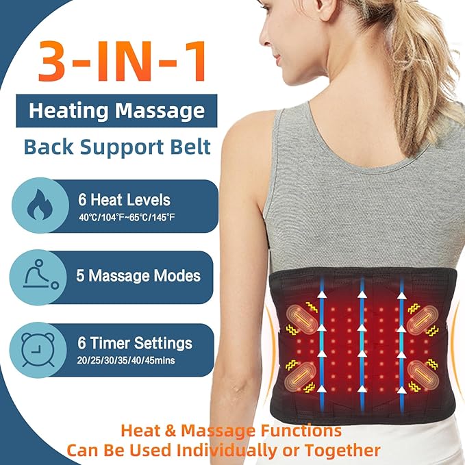 HONGJING Red Light Massage Back Brace with Heat for Lower Back Pain Relief Cordless Back Support Massager Belt Rechargeable for Pain from Herniated Disc Scoliosis Sciatica (L)