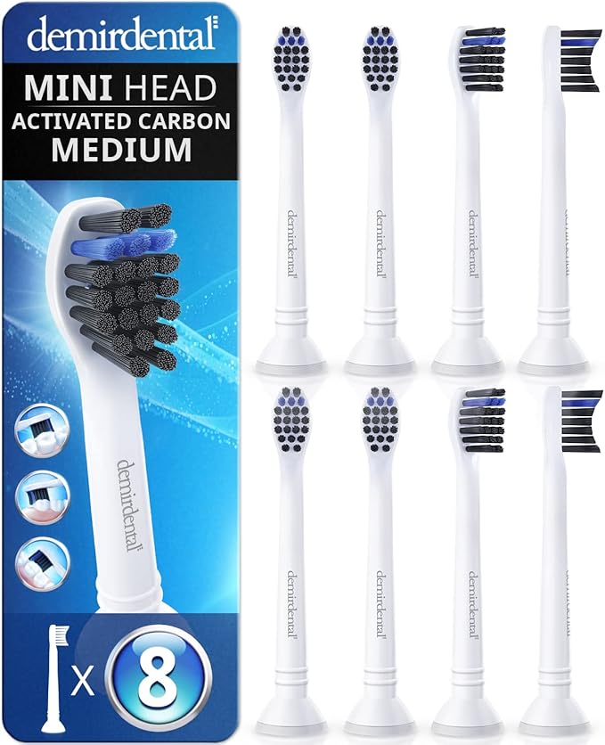 demirdental Active Charcoal Mini Medium Replacement Brush Heads Compatible with Philips Sonicare – Small White Toothbrush Heads for Daily Natural &amp Precision Cleaning – Replaces HX4088M – 8 Pack