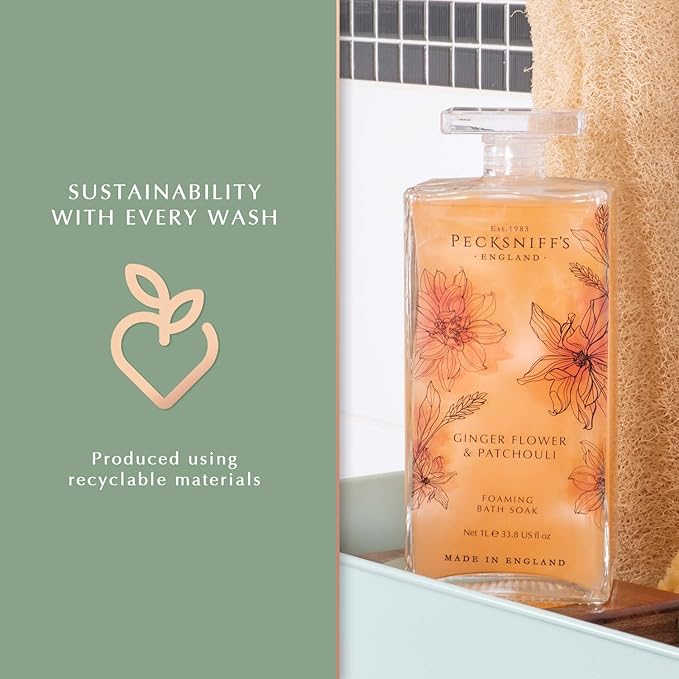 Pecksniff’s GingerFlower &amp Patchouli Foaming Bath Soak – Luxury Bubble Bath 1L / 33.8 fl oz Made in England