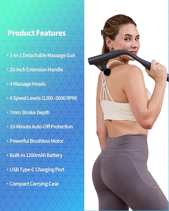 3-in-1 Detachable Massage Gun Deep Tissue Ergonomic Extension Handle Back Massager for Pain Relief Portable Percussion Muscle Massager for Shoulder Thigh Waist &amp Neck FSA-HSA Eligible