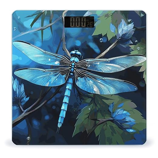 Art Blue Dragonfly Bathroom Scale for Body Weight Bathroom Weighing Scale with Backlit LCD Display Highly Accurate Measures Weight Up to 180kg
