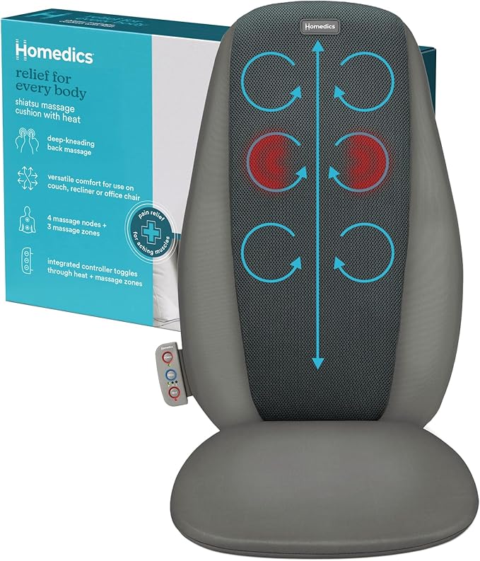 Homedics Shiatsu Massage Cushion with Heat Pain Relief for Back Muscle Tension Deep-Kneading Therapy Works Out Knots &amp Stiffness 3 Massage Zones Fits Most Chairs for Home or Office