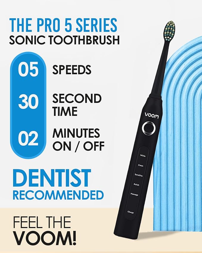 Voom Sonic Pro 5 Electric Toothbrush for Adults - Ultrasonic Electric Toothbrushes with Replacment Brush Head Dentist Recommended Power Sonic Toothbrush with 5 Modes
