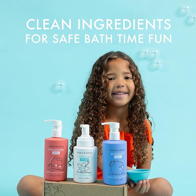 Dabble &amp Dollop USA Bundle 3-in-1 Natural Bubble Bath Body Wash &amp Shampoo for Kids Paraben &amp Sulfate Free Vegan Tear-Free Strawberry Vanilla &amp Blueberry (Set of 3)