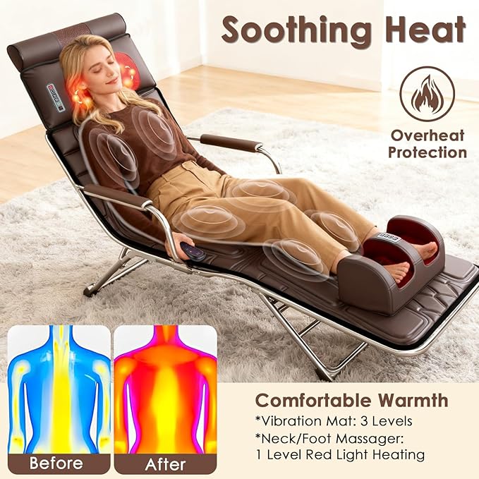 KOCASO PU Leather Full Body Massage Mat Multifunctional Massage Chair Pad with Heat Timer Shiatsu Neck Foot Massager Lumbar Pillow Carry Bag Earplugs Anti-Slip Bottom for Reclining Chair